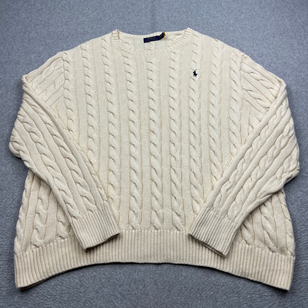 Polo Ralph Lauren Sweater Mens 3XB Cream Cable Knit Crew Cotton Pony Pulloverogo